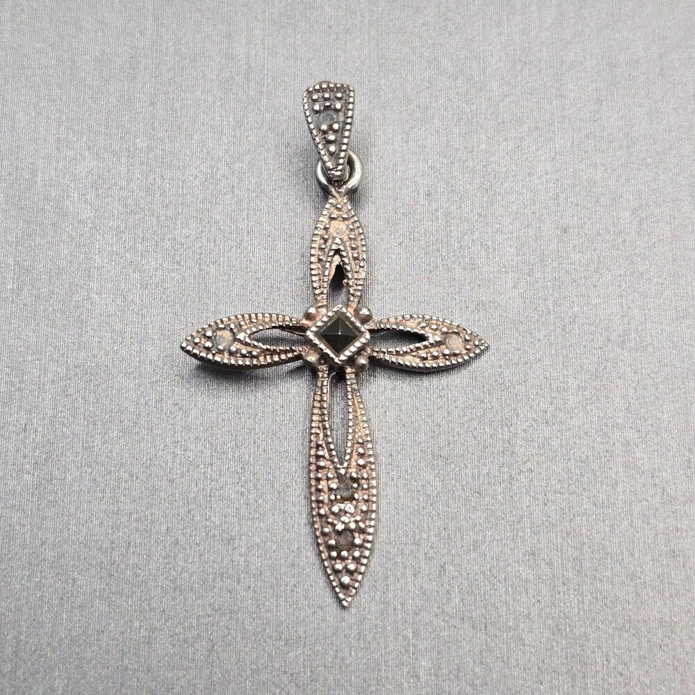 VTG Sterling Silver Marcasite Cross Pendant 1.5" Cutouts Signed A CSA